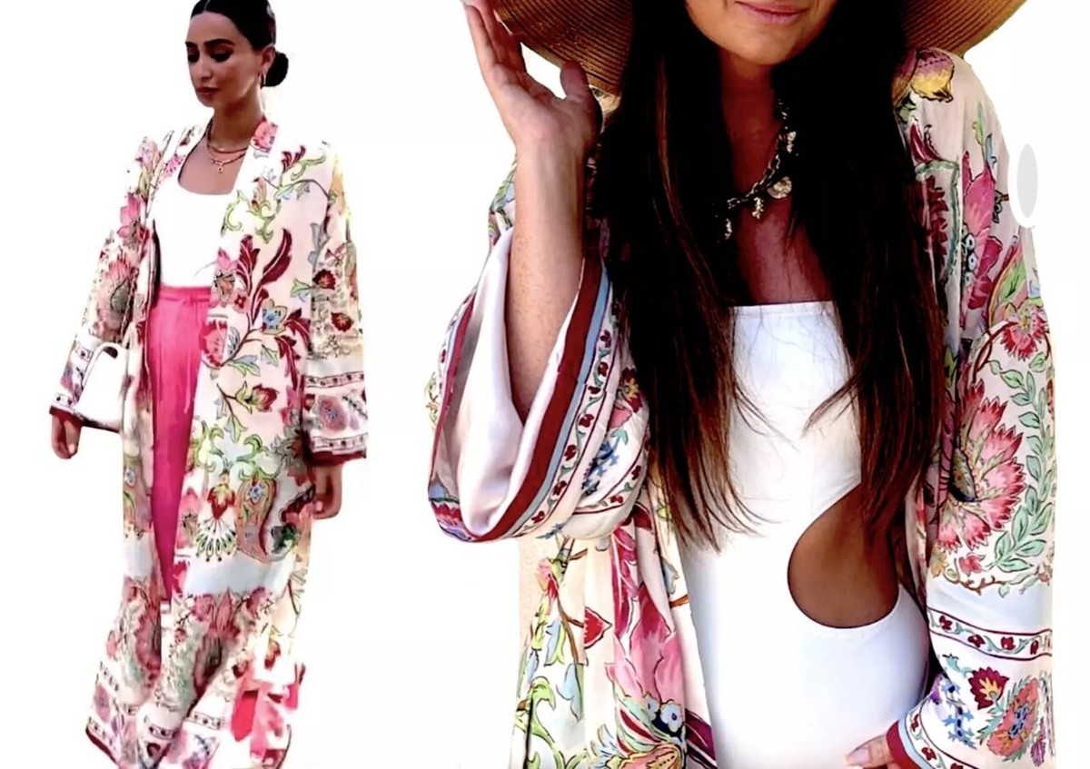 Romi Lacatanモデル 洋服のおまけ付き♪ ZARA Printed ART LONG Kimono Robe w/ Floral Belt SATIN Long