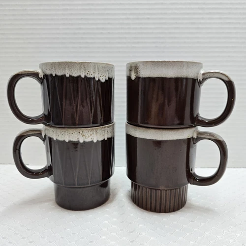 Vintage Brown Drip Glaze Stackable Coffee Mugs Cups Ceramic Japan Set of 4
