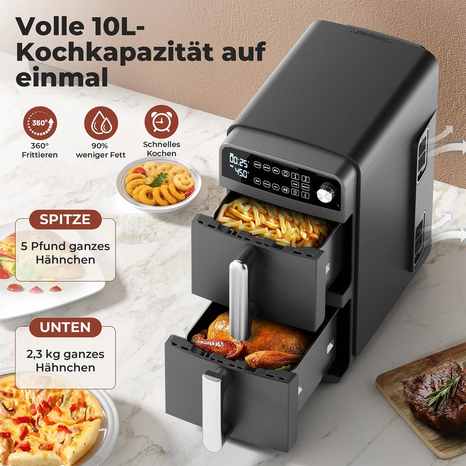 10L Doppel Heißluftfritteuse 2400W mit 2 Schubladen 6 Programmen| Fettarm Kochen - Bild 2 von 4