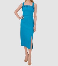 1. State Women's Blue Linen Smocked Ruffled Square Neck Sleeveless Dress Size L