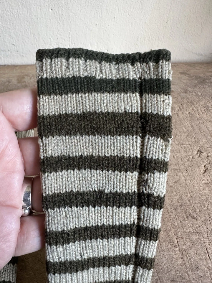 BEST ANTIQUE 19th C Child's Hand Knit Socks Textile Striped Olive Green - Image 3 of 4