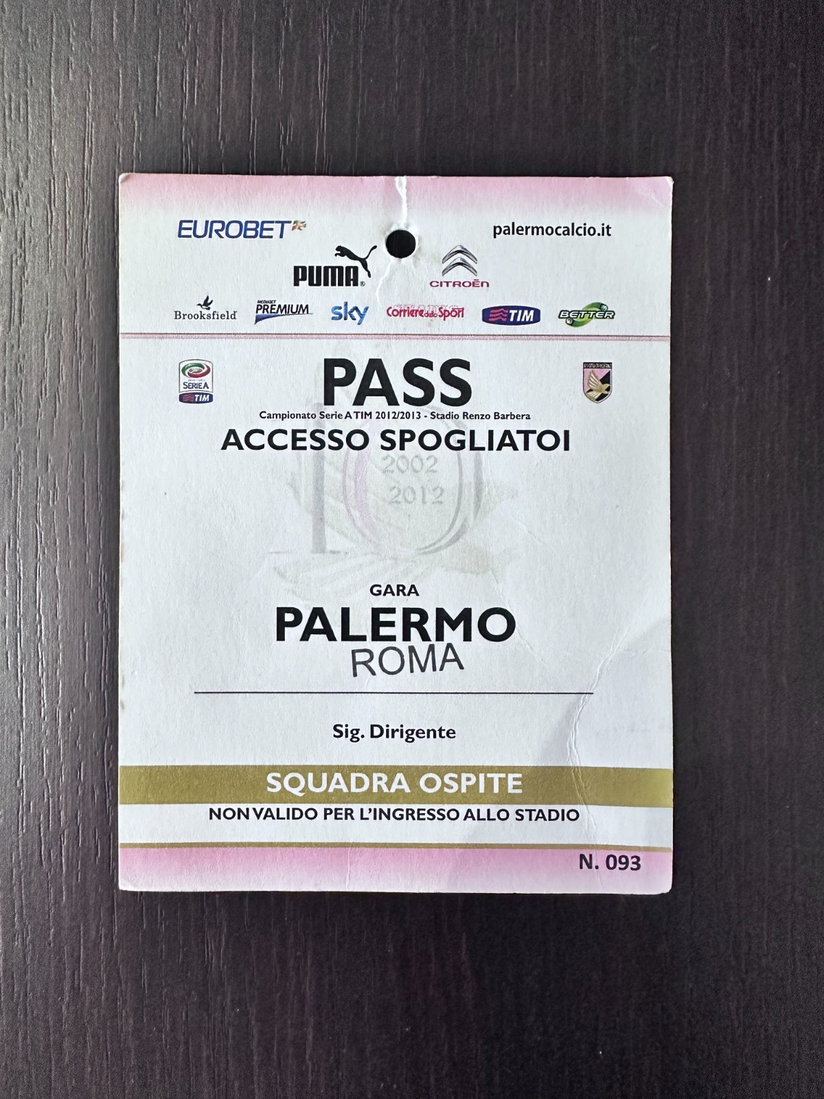 Pass Spogliatoio Palermo Roma 2013 Dirigente Squadra Ospite Match Issued Roma