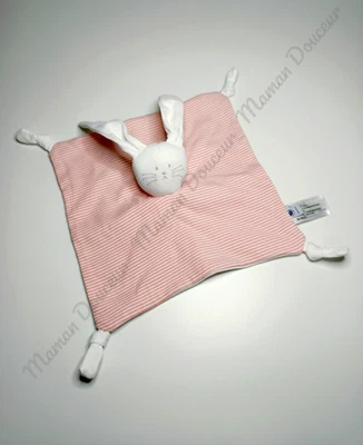 Doudou Plat Carré Lapin Blanc Rayé Rose/Rouge Yeux Nez Gris Noeuds Petit Bateau - Photo 1/4