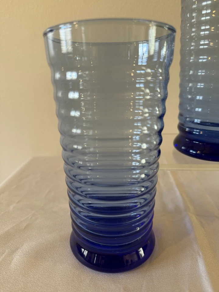 2 Libbey Cobalt Blue Tumblers Sirrus Ribbed MCM Vintage Drinkware - Image 2 of 3