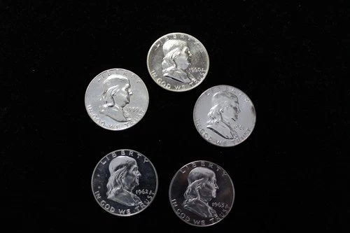 1959 1960 1961 1962 1963 Proof US Franklin Silver Half Dollars Five Coin Lot