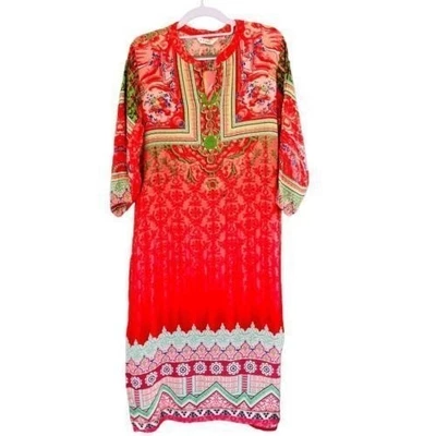 NEW Indian Kurta Kurt Lagi Red Floral Liva Relaxed Fit Tunic Dress — SZ M - Image 1 of 4