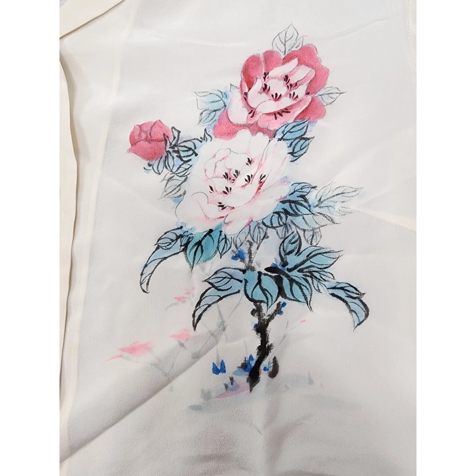 复古 60 年代 70 年代河南丝绸长袖纽扣上衣 42 L 码奶油色粉色花朵 — 第 3/4 张图片