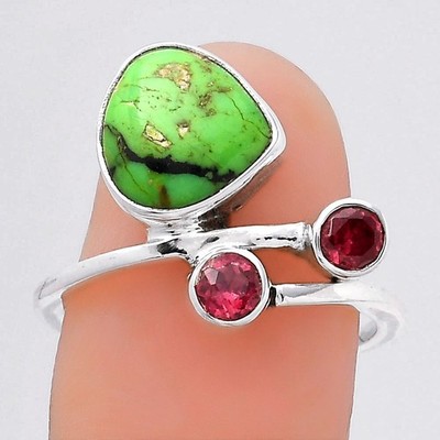 Grüne Matrix Türkis und Granat 925 Sterling Silber Ring Gr.7,5 Schmuck R-1237