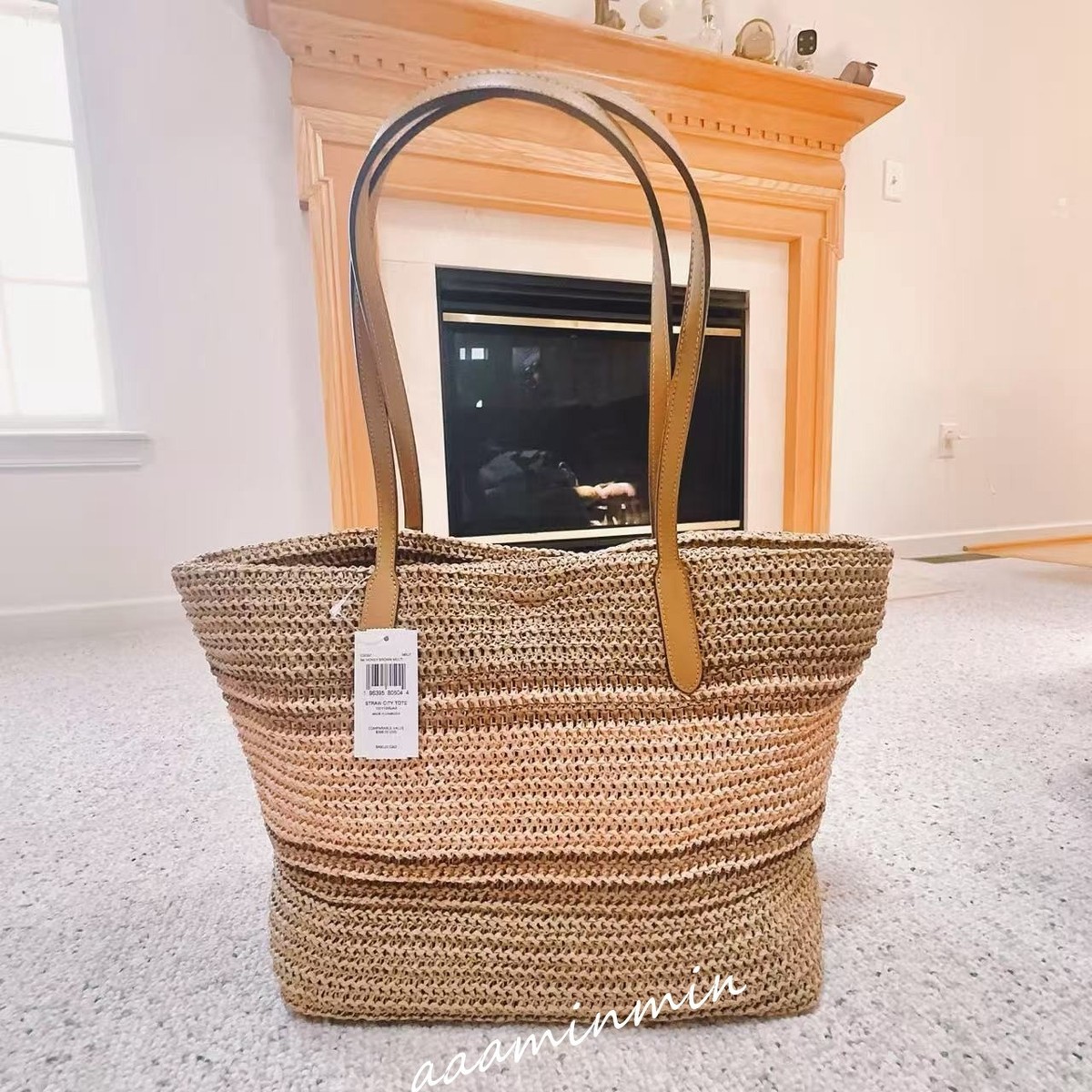 NWT COACH Straw and smooth leather City Tote Bag CBG87 Im/Honey