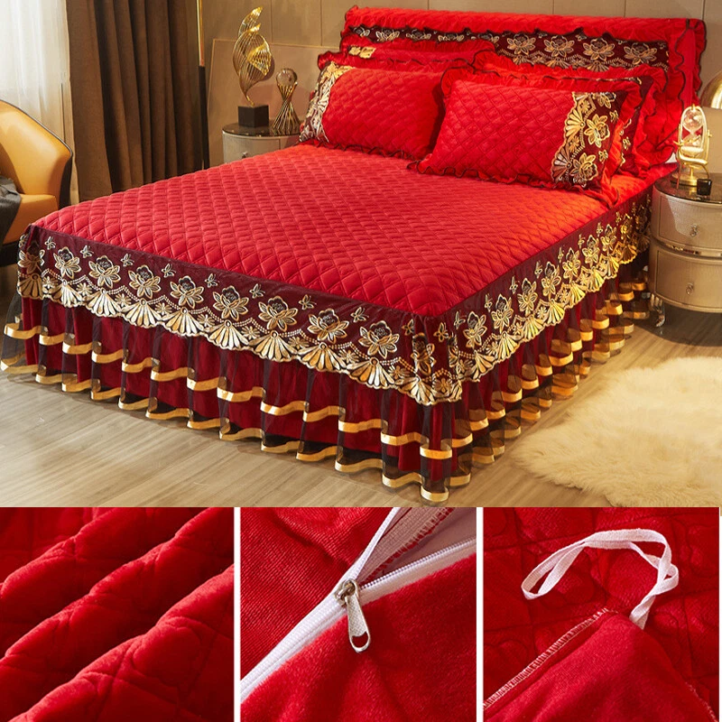 Colcha acolchada de terciopelo malla con volantes falda cama caída sábana juego de funda de colchón Foto 2 de 4