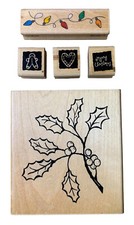 Lot Of 5 Stamps Wood Mounted Rubber Stamp Christmas Holiday Holly Tree Theme