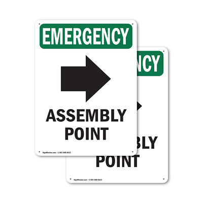 (2 Pack) Assembly Point [Right Arrow] With Symbol OSHA Emergency Sign Decal