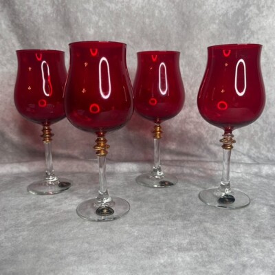 (4) Cristalleria Fumo Hand Made Red Wine Glasses Set /4 Italy Golden Accent READ