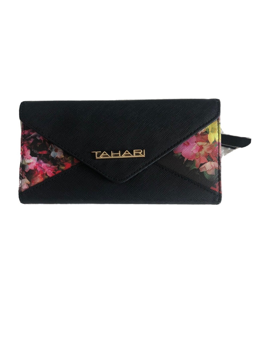 Women's TAHARI Floral Wallet Black Snap Trifold RFID See - Main Image