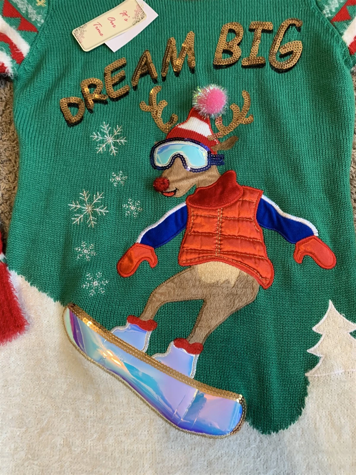 It's Our Time Dream Big Rudolph Ugly Christmas Sweater Junior's Medium