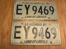 Vintage 1967 License Plate IL Land of Lincoln EY 9469 Set of 2