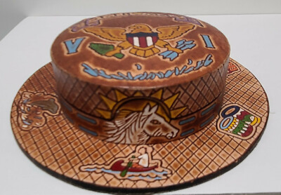 3  St.Thomas Leather Coasters In Hat Style Holder 5  Holder Handpainted Tooled