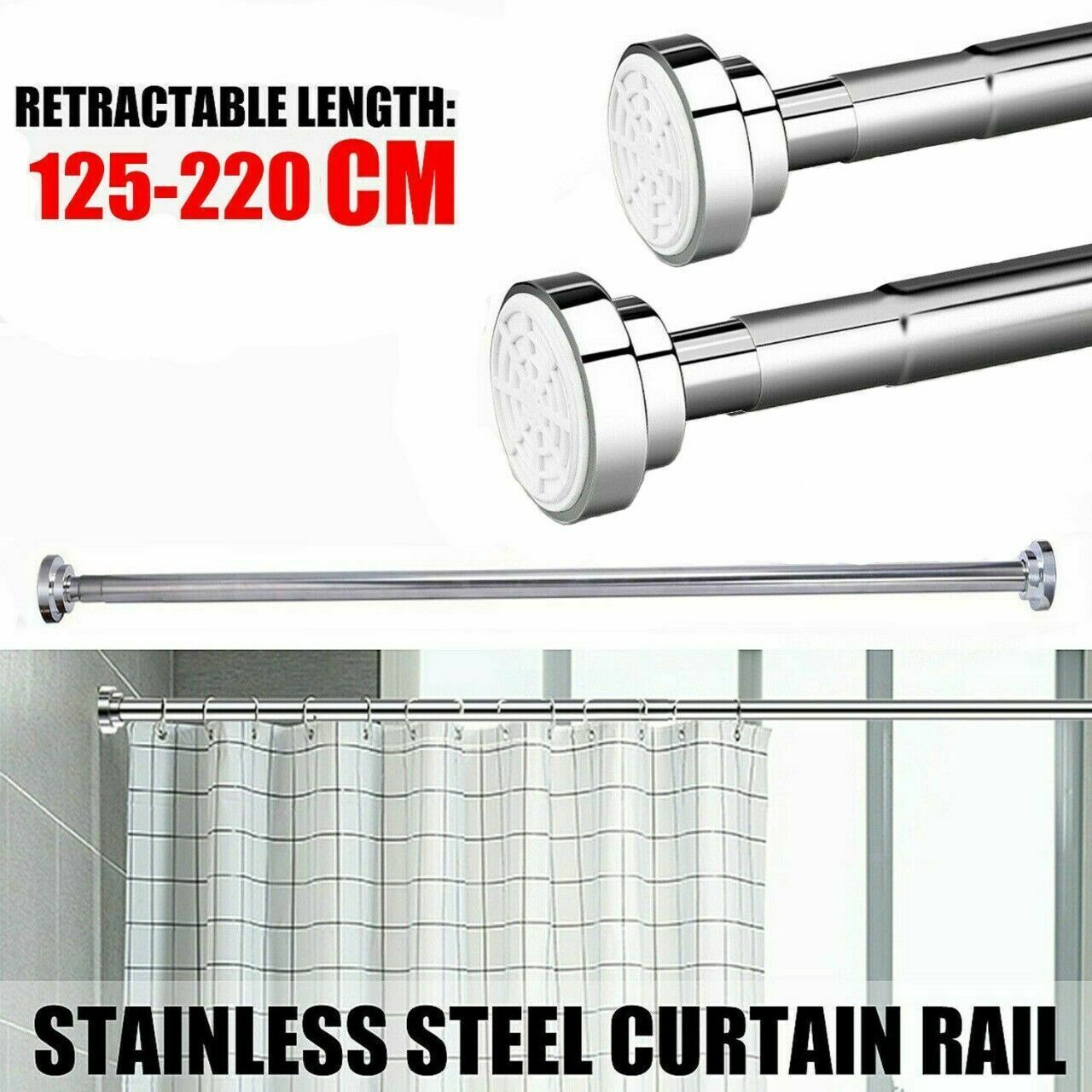 125-220CM EXTENDABLE TELESCOPIC SHOWER CURTAIN RAIL POLE ROD SPRING LOADED RODS 3051752238064 | eBay