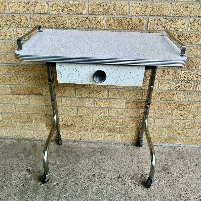 Authentic Mid Century Modern 1960s One Drawer Laminate & Chrome Stand On Wheels