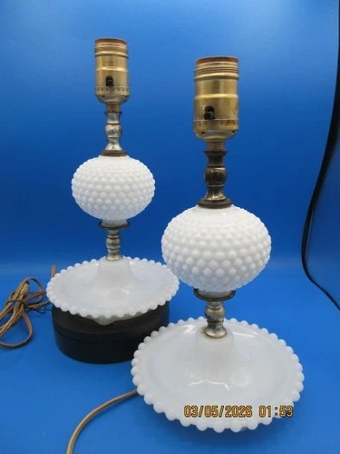 Vintage Hobnail Milk Glass Vanity Lamp Raised Dots 1950's Set of 2