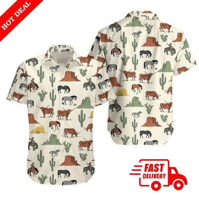 Mens Western Hawaiian Shirt Cowboy Bull Horse Cactus Short Sleeve Button Down