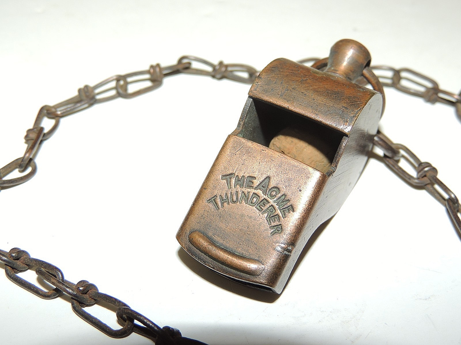 Vintage Brass "THE ACME THUNDERER" Whistle w/cork ball ~ Paten England w/ Chain