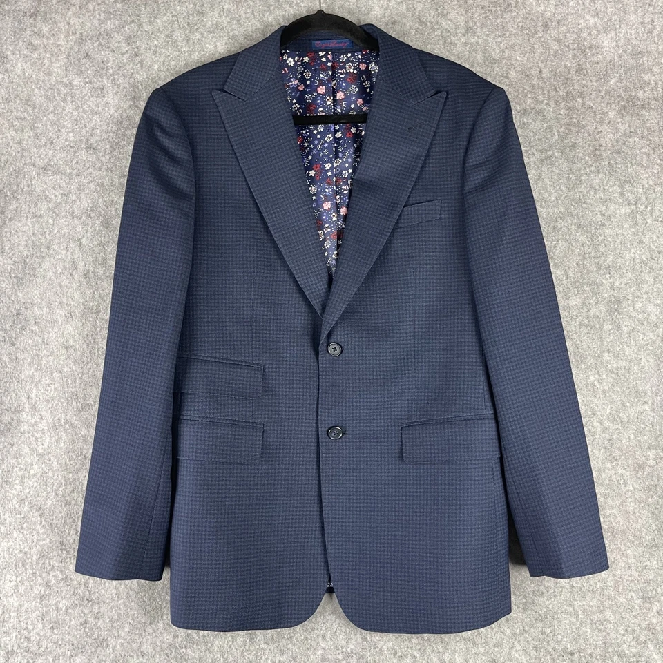 English 洗衣 2 件套男式蓝色格子西装外套 Peak 40R 裤子 34x30 弹性 — 第 2/4 张图片