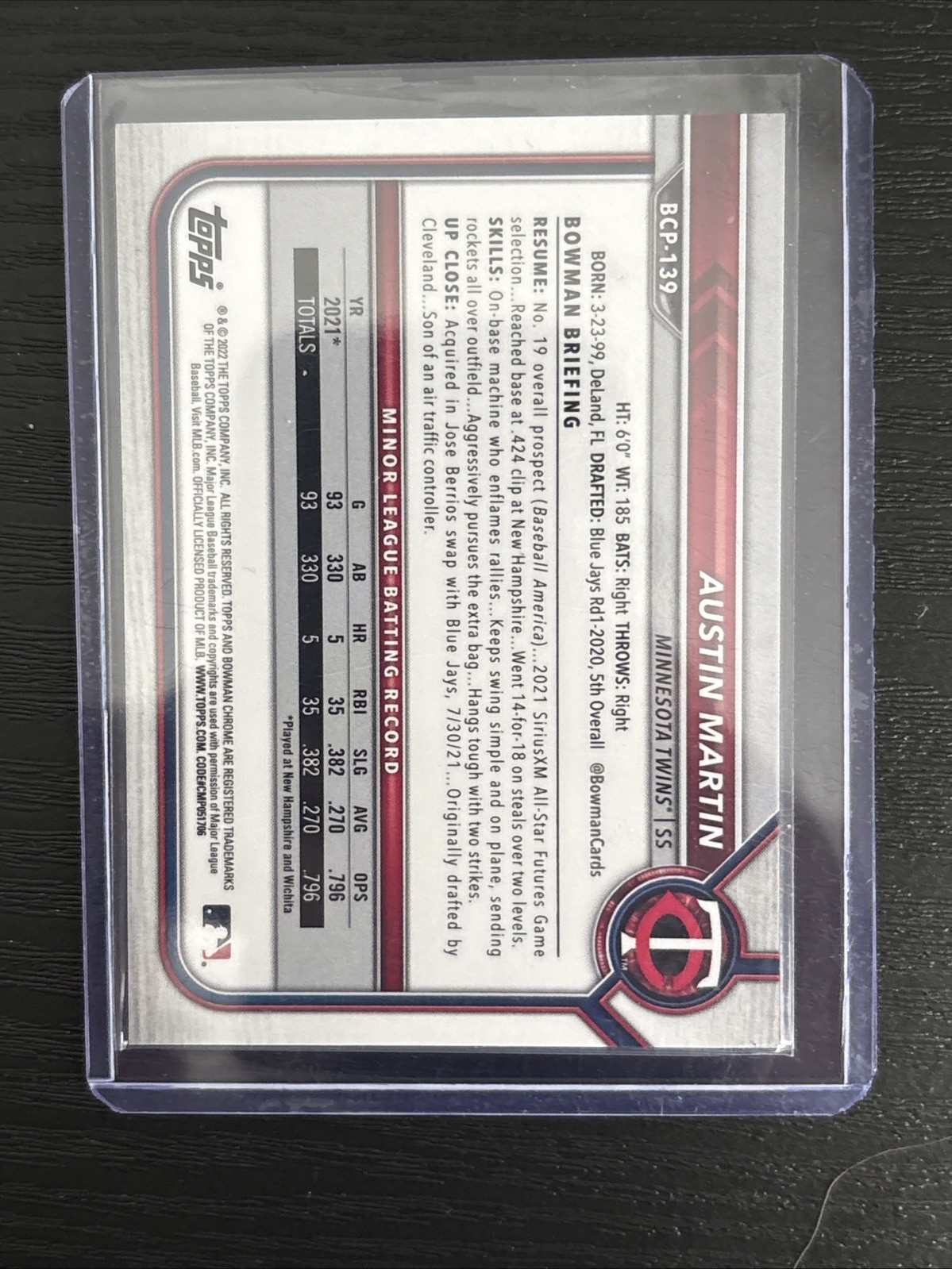2022 Bowman - Chrome Prospects Austin Martin #BCP-139 Lava Refractor /399 (RC) view 3