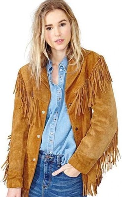 Women Native American Fringe Cowgirl Western Suede Leather Jacket with Tassels