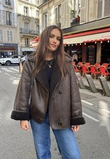 ZARA RARE DOUBLE-FACED BROWN FAUX SHEARLING LAPEL FUR COLLAR AVIATOR JACKET COAT