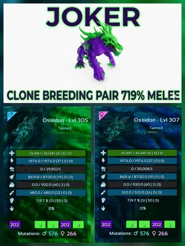 ARK ASA Ossidon Joker Clone Breeding Pair - Top Stats - Official PVE PC/XBX/PS5