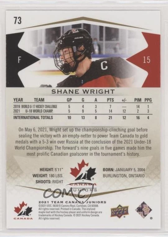 2021 Upper Deck Team Canada Juniors High Gloss /25 Shane Wright #73 - Image 2 of 2