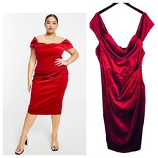 ASOS Design Curve 18 1X 2X Dress Velvet Velour Red Off Shoulder Ruched zz