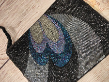 Vintage Black Beaded Peacock Evening Bag Clutch Purse Sequin Shoulder Pre-Owned