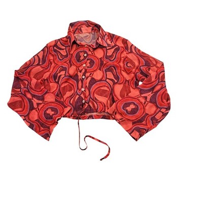 Sheer Crop Blouse Abstract Psychedelic Print Tie Front Womens Small (Estimate)