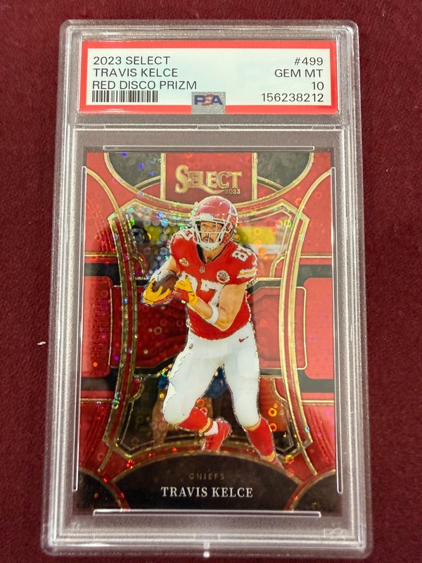 Travis Kelce 2023 Select red Disco Prizm 149/49 PSA 10 Gem Mt KC Chiefs