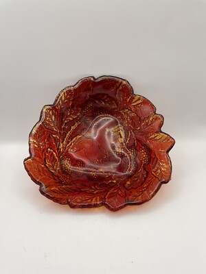 Indiana Glass Bowl Ruby Red Dish Logan Berry Leaves 7''x2'' Holiday Server VTG