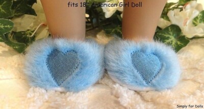 BLUE with HEART Slip-On Fuzzy SLIPPERS fits 18'' American Girl DOLL SHOES