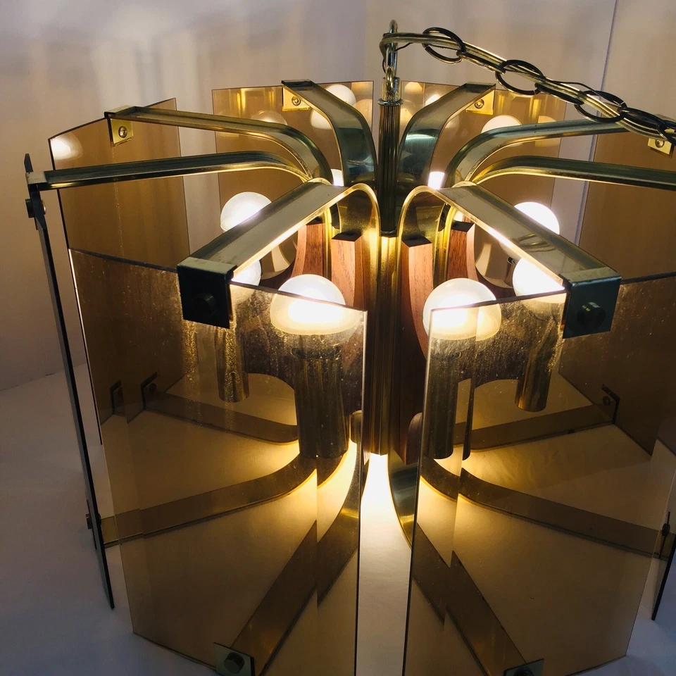 Mid Century Modern 8 Arm 17 Light Chandelier Amber Smoke Glass Oak Brass Vtg - Image 3 of 4