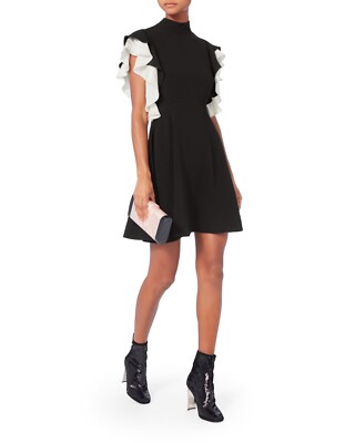 CINQ A' SEPT Women's Black Reiko Silk Contrast Ruffle Sleeve Dress (Size 0)