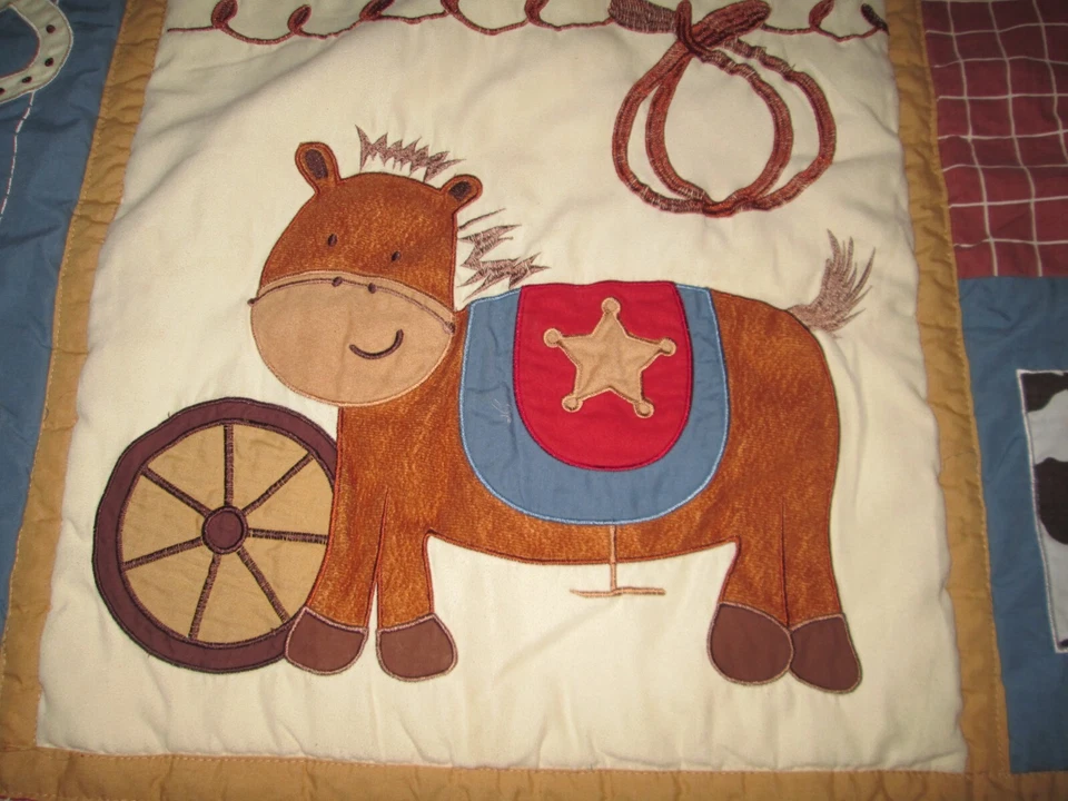 Manta Edredón Bebé Western Pony Country Star Azul Marrón Cuadros Foto 3 de 4