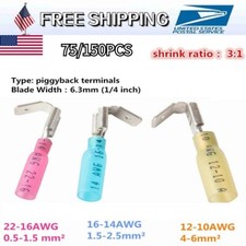 75/150PCS 3 Way 22-10AWG Wire Connectors Heat Shrink Piggyback Spade Terminals