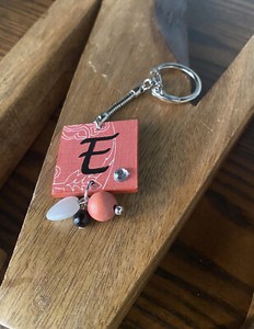 Handmade White Scroll Beaded Alphabet Keychain / Initial LETTER E-Free Shipping