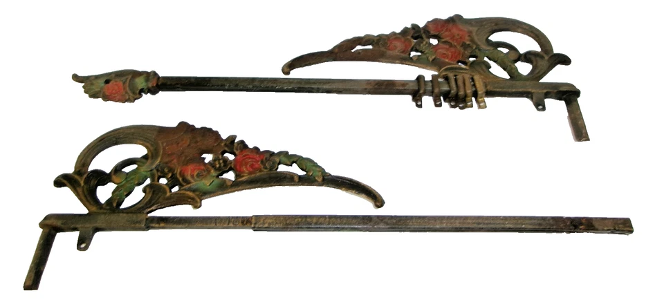 Antique Cast Iron Swing Arm Curtain Rods 2 Pair Extendable Red Floral - Image 2 of 4