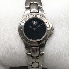 ESQ Esquire Watch Women 26mm Silver Tone Black Round Dial New Battery 7.25"