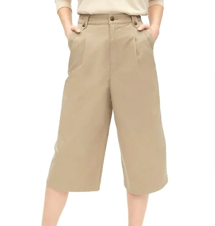 CAPRI PANTS SIZE 8 WIDE LEG COTTON CHAMBRAY CUFFED KHAKI WORTHINGTON WOMEN'S