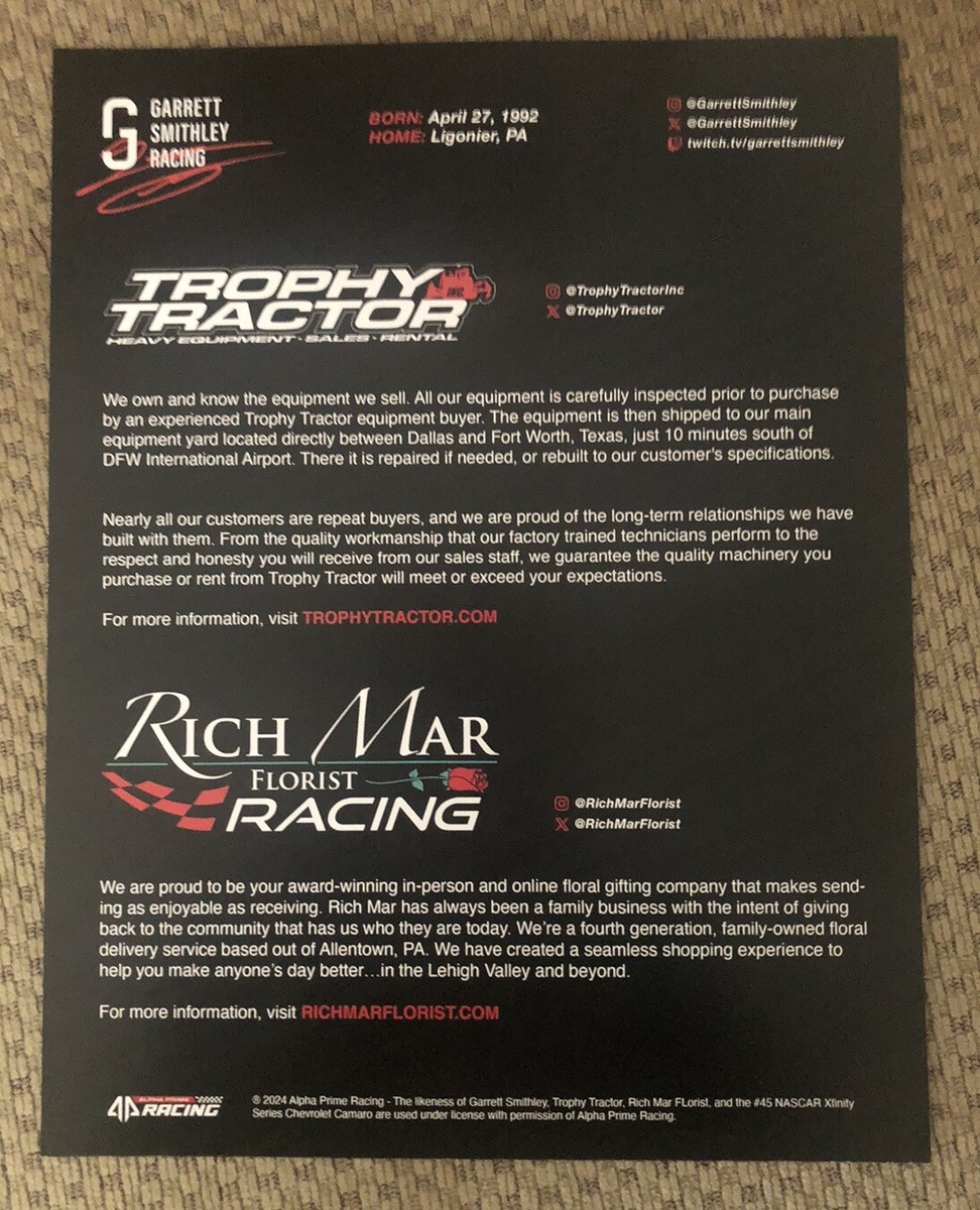 Nascar Xfinity Driver #45 Garrett Smithley Indy Trophy Tractor