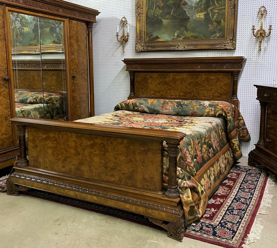 Antiguo Juego de Dormitorio Francés 6 Piezas Queen Nogal Burlado Neoclásico Circa 1890 Foto 4 de 4