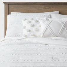 5pc King Clipped Stripe Poms Comforter Bedding Set White - Threshold: Dobby
