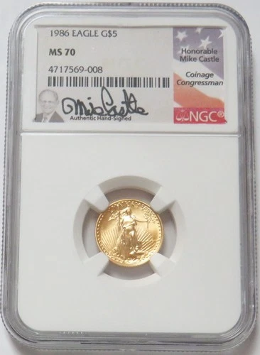 1986 GOLD MIKE CASTLE SIGNED NGC MS 70 AMERICAN EAGLE $5 COIN 1/10 OZ